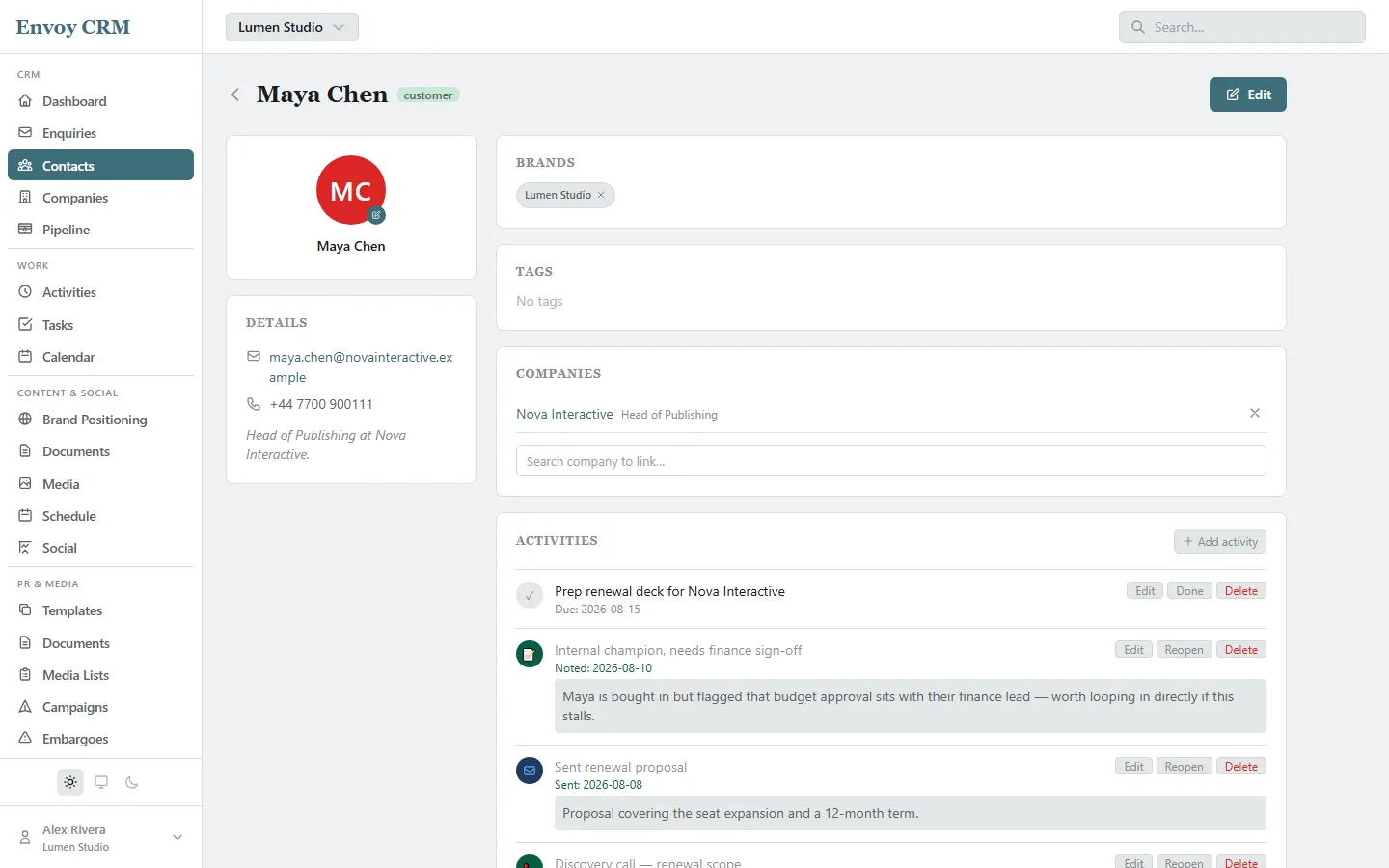 A contact's detail page showing calls, emails, notes, and tasks logged against them
