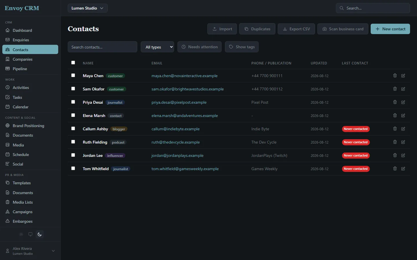 A contacts list mixing customers, journalists, influencers, and podcast hosts