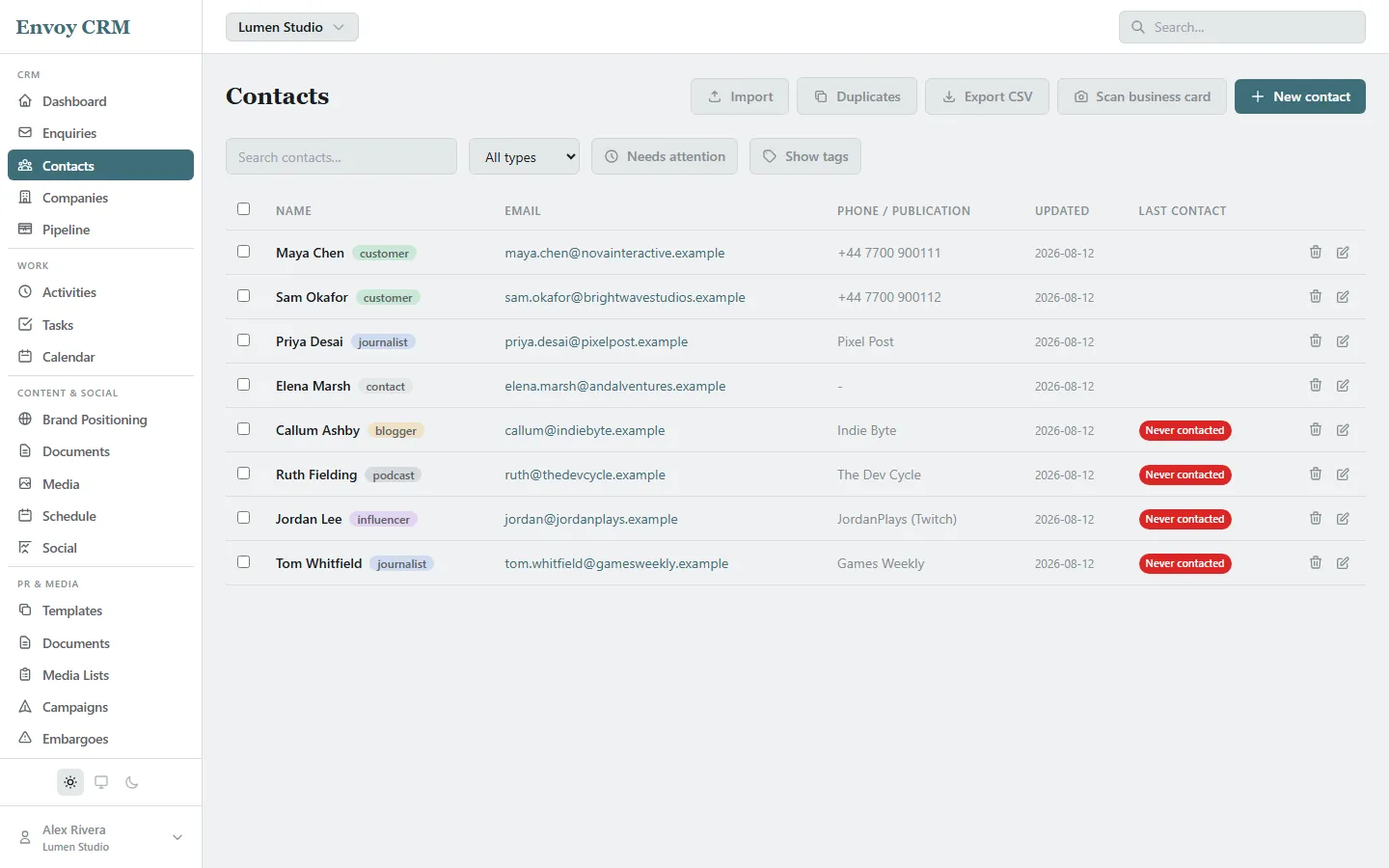 A contacts list mixing customers, journalists, influencers, and podcast hosts