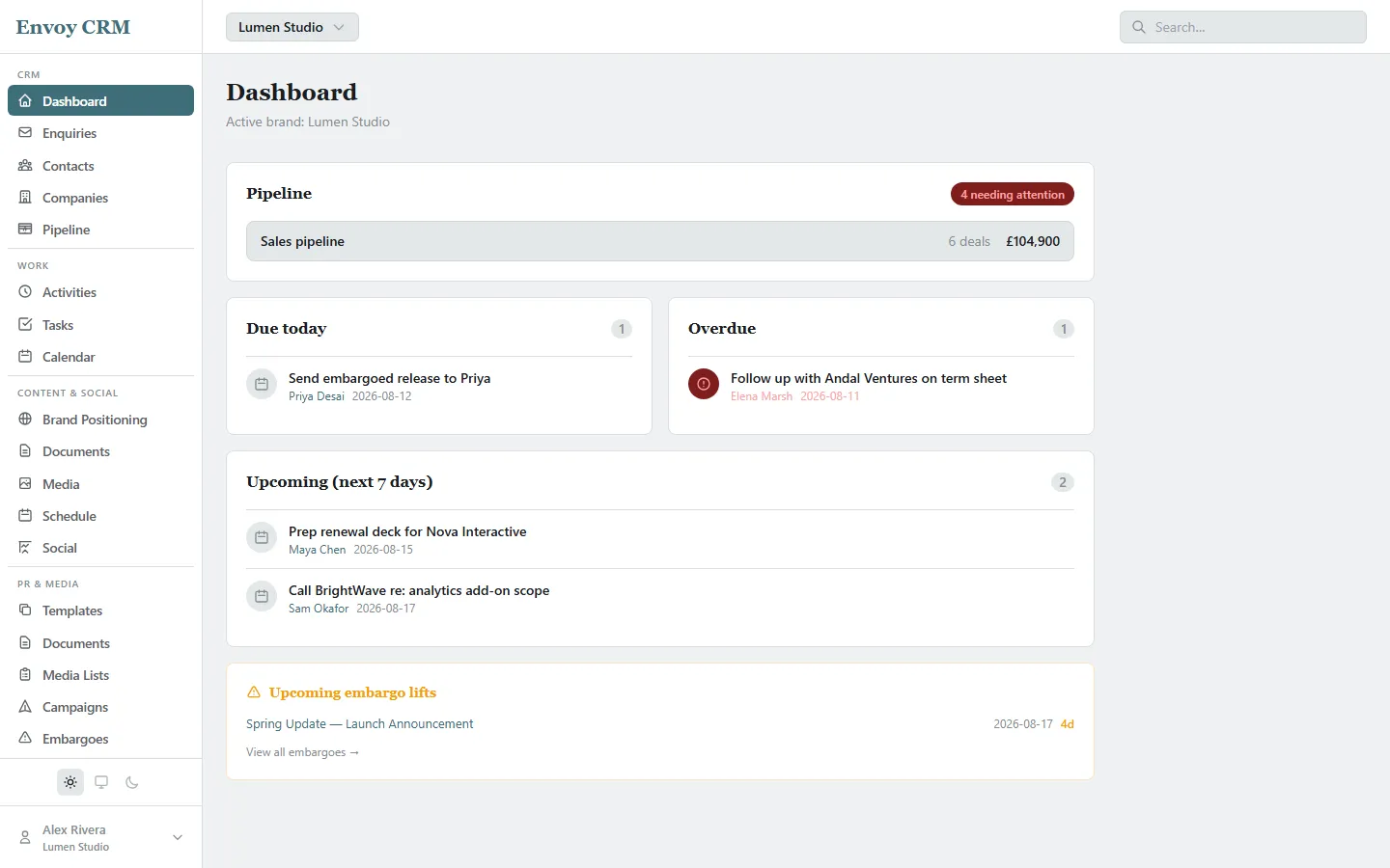 Envoy CRM's dashboard, showing due-today and overdue tasks alongside an upcoming embargo lift