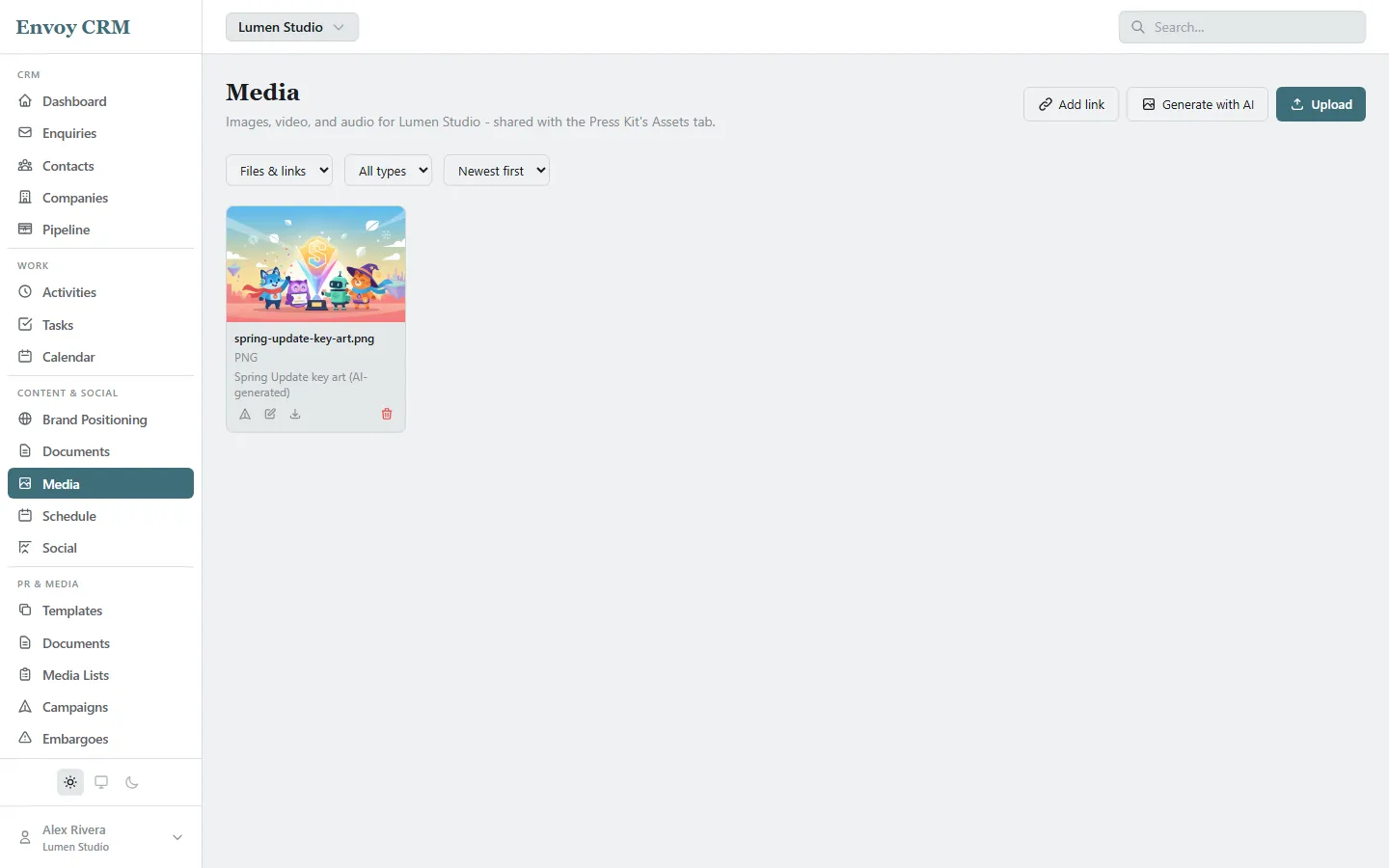Envoy CRM's Media page, showing an AI-generated image saved alongside a brand's other assets